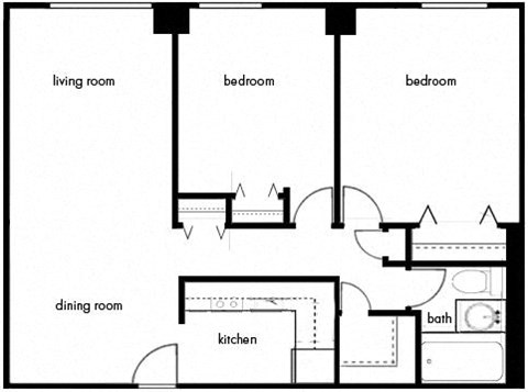 Floor plan for 2 beds, 1 bath, 775 sqft